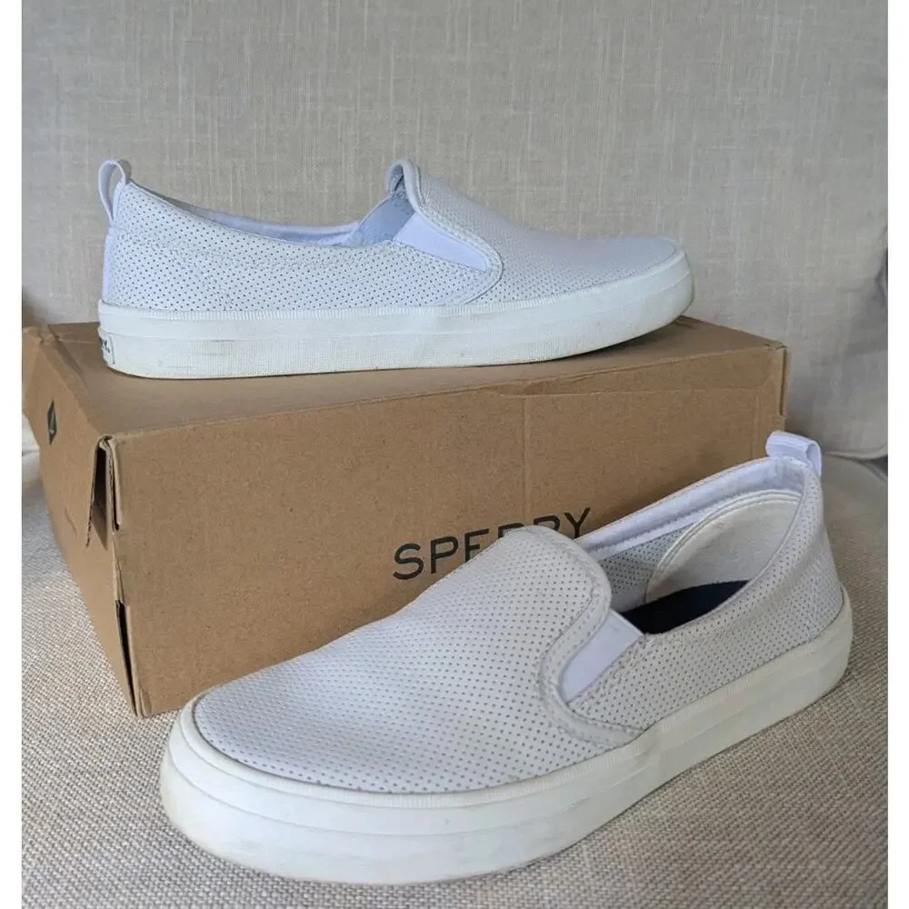 Women's SPERRY Crest Twin Gore Mini Perf White Slip on Casual Sneakers Size 8.5